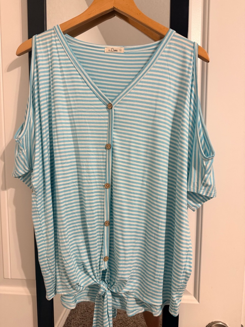 Stripe Tie-Front Cold-Shoulder Blouse in Light Aqua and White